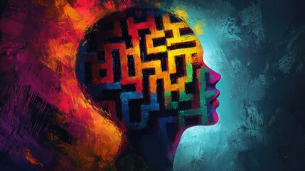 Abstract head with maze pattern on colorful artistic background