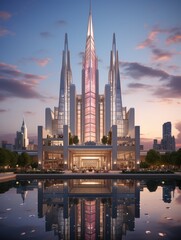 Obraz premium A modern architectural building with spires reflecting in water at dusk with city skyline view