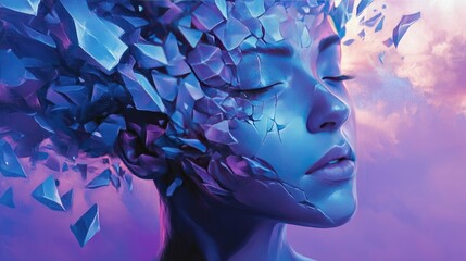 Abstract portrait of a woman with shattered face against dreamy sky