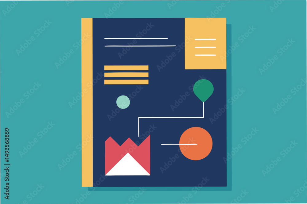 Poster colorful vector illustration of a business document featuring graphs and diagrams on a teal backgrou