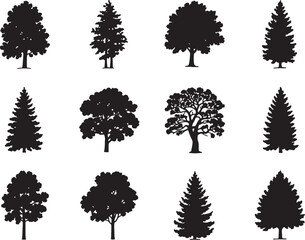 Twelve black silhouettes of various trees