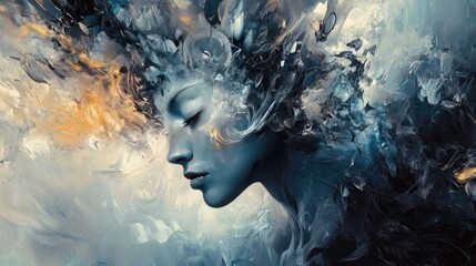 Abstract portrait of a woman with flowing blue and gold hair