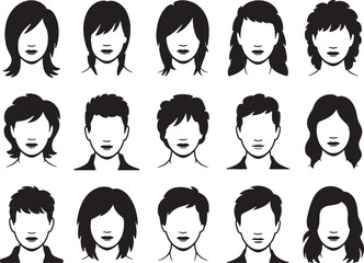 Diverse hairstyle icons black and white silhouettes