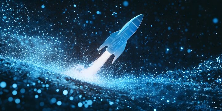 A futuristic rocket launch in a digital space.