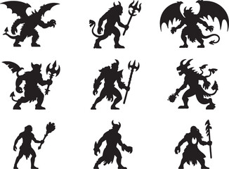 Nine fantasy monster silhouettes weaponry demons