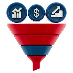 A red and blue funnel with business-related icons representing growth, revenue, and analytics.