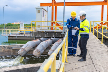Environmental engineers work at wastewater treatment plants,Water supply engineering working at...