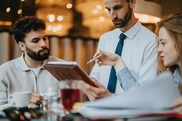 Group of professionals having a focused discussion on a project during a meeting.