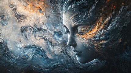 Abstract painting of a woman's face merging with swirling clouds