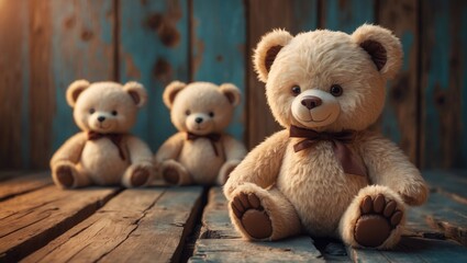 Obraz premium Lovely teddy bears positioned on wood surface with room for text