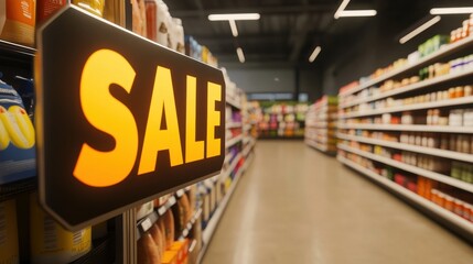 A glowing yellow SALE sign is prominently displayed at the end of a supermarket aisle, drawing attention in a well-lit grocery environment filled with diverse products