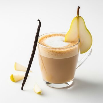  Glass cup with frothy latte, slice of fresh pear on rim, vanilla bean pod resting beside, and tiny pear slices around on white background