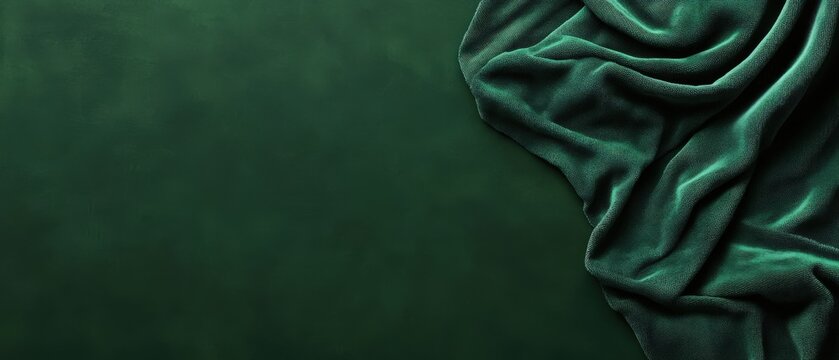 Luxurious green velvet fabric gracefully draped over a dark green background
