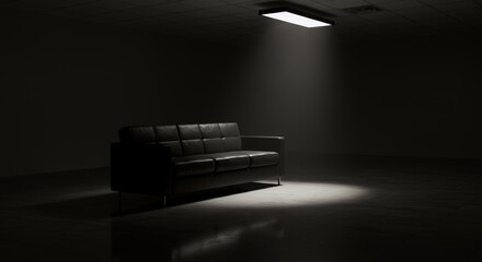 Sleek Black Leather Sofa in Dark Waiting Room Under Dramatic Lighting Interior Minimalist Design