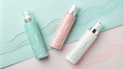 Pastel Beauty Cosmetic Bottles with Wave Design on Textured Background, Skincare , Beauty