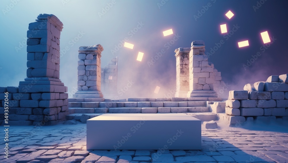 Poster abstract background featuring ruins of white cobblestones and floating blocks.