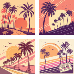 Obraz premium A glowing sun setting behind a row of palm trees with an 80s aesthetic.