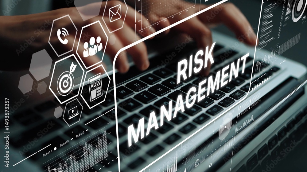 Poster hands typing on laptop with focus on risk management concept and digital graphics overlay for busine