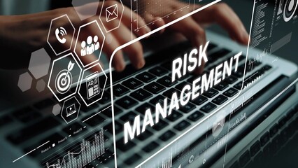 Hands Typing on Laptop with Focus on Risk Management Concept and Digital Graphics Overlay for Business Strategy. Asymptotic smart data analytic.
