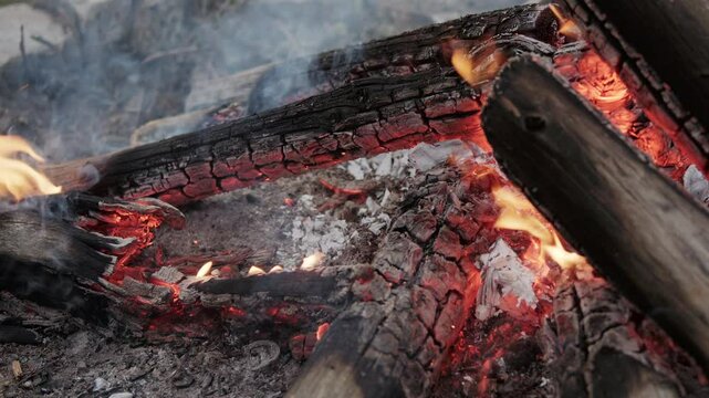 Scorched logs and fading flames glow in daylight over ash. Ideal for ending scenes, camping stories, or fire aftermath sequences.