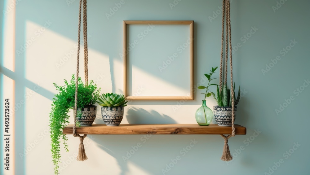 Poster sleek and minimalistic space showcasing a mock-up poster frame and a wooden shelf with attractive su