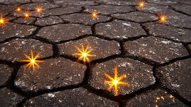 Abstract Texture of Dark Ground with Glowing Star Lights and Hexagonal Patterns in Close-Up View