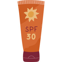 Lovely cartoon sunblock cream rube with SPF 30 for sun safety, prevention cancer and aging. Cute hand drawn protective lotion for summertime and hot weather. Sunscreen clipart isolated on white.