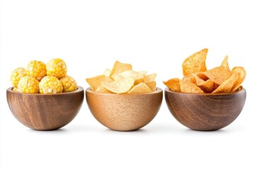 Three bowls of assorted snacks corn potato chips and tortilla chips