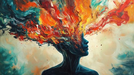 Abstract painting of a person with colorful flowing hair design