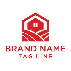 Abstract red house logo design. Features a stylized home within a hexagonal outline, combined with flowing lines suggesting land or fields. Ideal for real estate, construction, or home-related busines