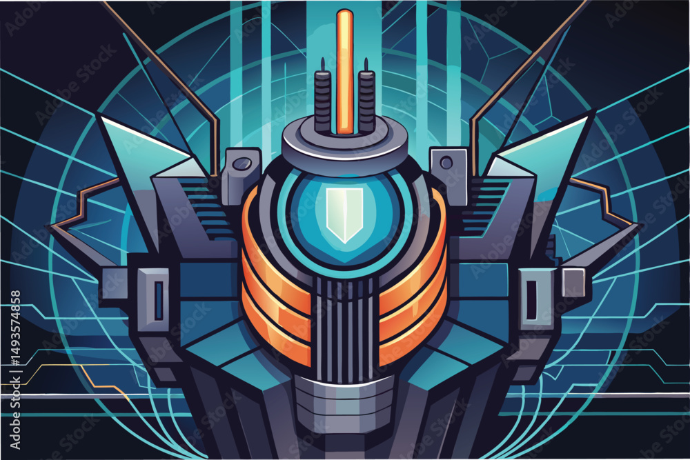 Poster futuristic vector illustration of a robotic structure with glowing elements and intricate geometric 