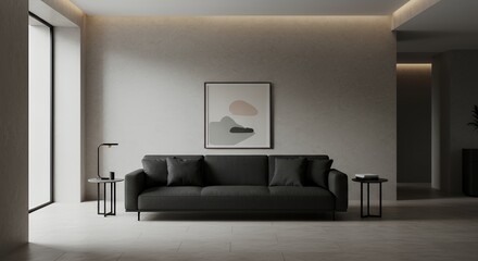 Minimalist Hotel Lobby Featuring Sleek Monochromatic Sofa in Warm Ambient Light Creating Calm Sophisticated and Luxurious Atmosphere
