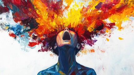 Expressive oil painting of a screaming person isolated on white background