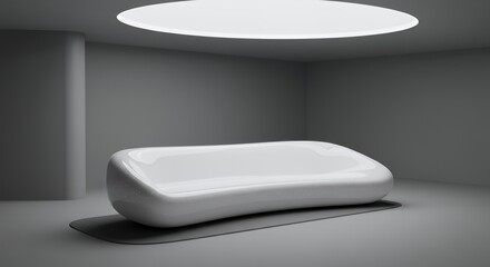 Futuristic White Sofa in Minimalist Interior Technological Integration and Serene Design with Monochrome Color Scheme and Subtle Lighting Creating a Quiet Ambience