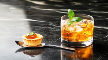 Elegant snacktail composition with vermouth cocktail and mini tart served in rich lighting on marble.