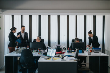 A group of people actively working and discussing projects within a spacious office setting. The scene portrays collaboration and teamwork among coworkers utilizing computer technology.