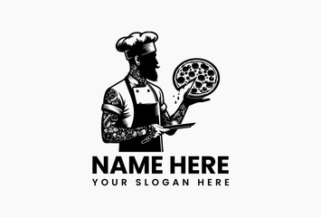 Classic pizzeria vector emblem featuring chef in toque and apron presenting topped pizza. Italian restaurant identity  