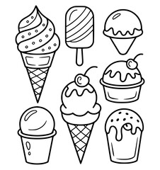 Collection of black and white illustrated ice cream desserts