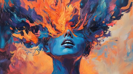 Abstract painting of a woman with fiery hair and vibrant colors