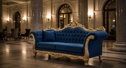 Elegant Dark Blue Velvet Sofa with Golden Frame in Opulent Hotel Lobby Interior