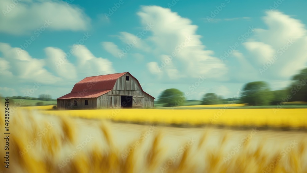 Poster hazy setting of a serene countryside view with an aged rustic barn amid fields.