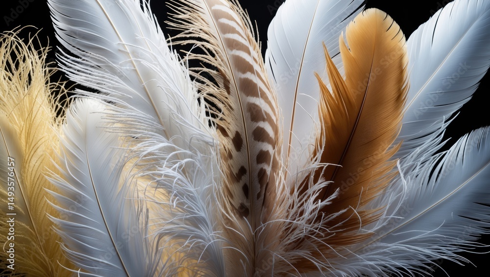 Poster gorgeous abstract white and brown plumage on a dark background featuring a soft yellow feather patte