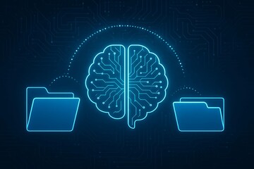 Blue brain circuit between two folders on a dark background illustration