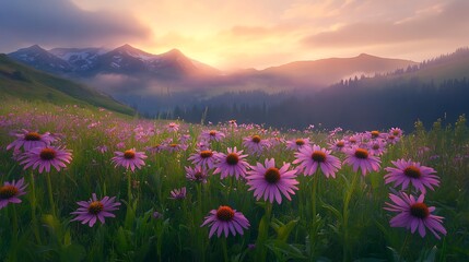 Obraz premium field of purple flowers in mountains