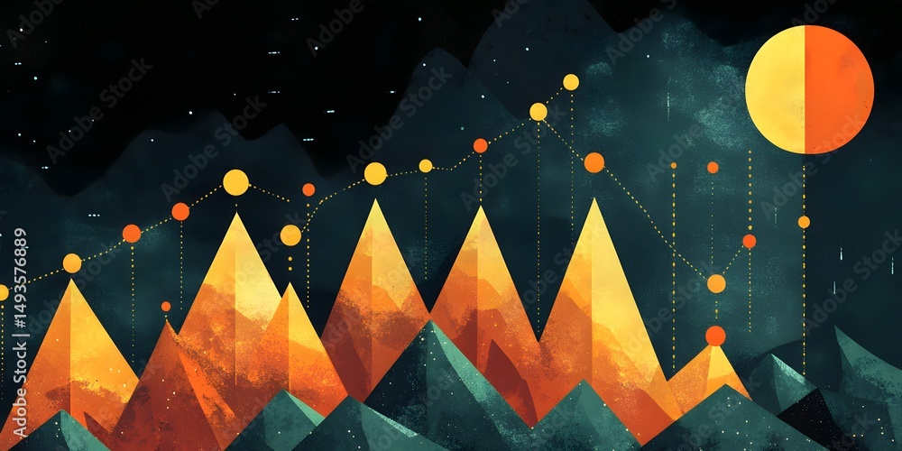 Poster abstract landscape with geometric mountains and data points