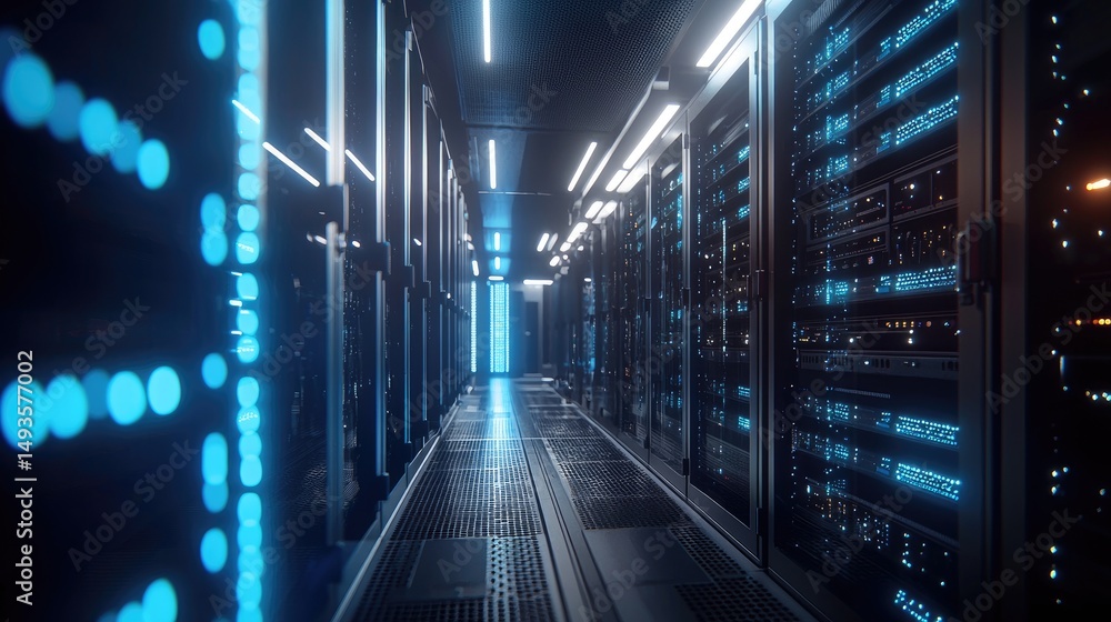 Poster High-tech data center with illuminated server cabinets and futuristic blue lighting, ideal for cloud computing, network technology, digital storage, and IT infrastructure content