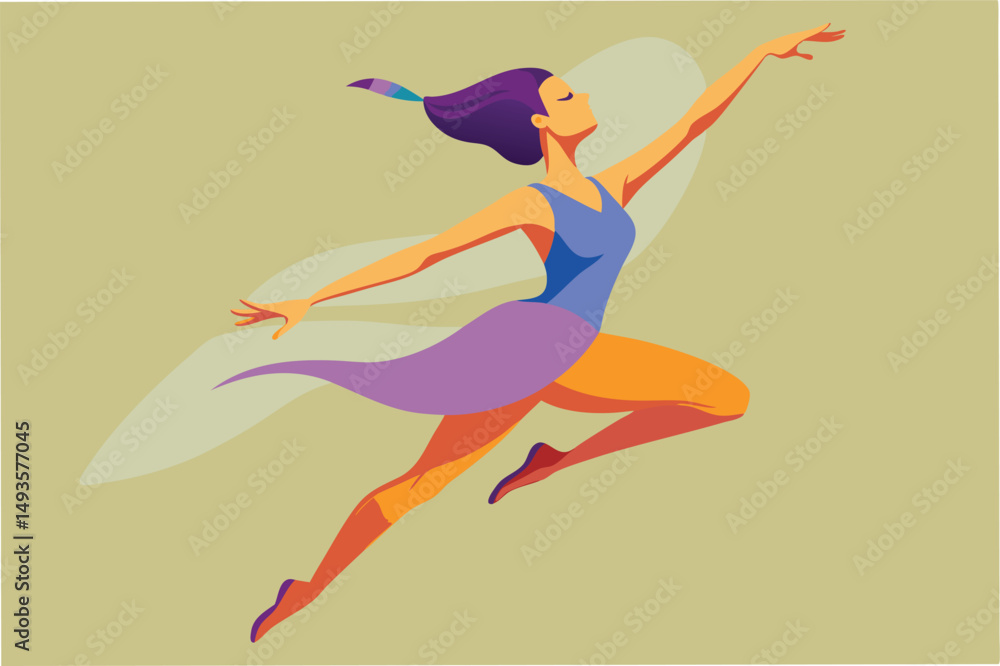 Poster dynamic vector illustration of a graceful dancer mid-leap in a colorful outfit against a soft backgr
