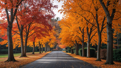 Vibrant orange and red maple trees lining a scenic road in autumn
