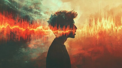 Abstract portrait of man with sound wave overlay on artistic background