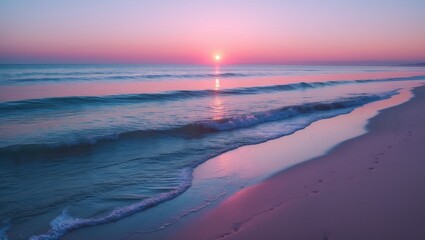 Obraz premium A peaceful coastal sunset depicts the sun descending below the horizon, bathing the tranquil ocean waves in a soft radiance